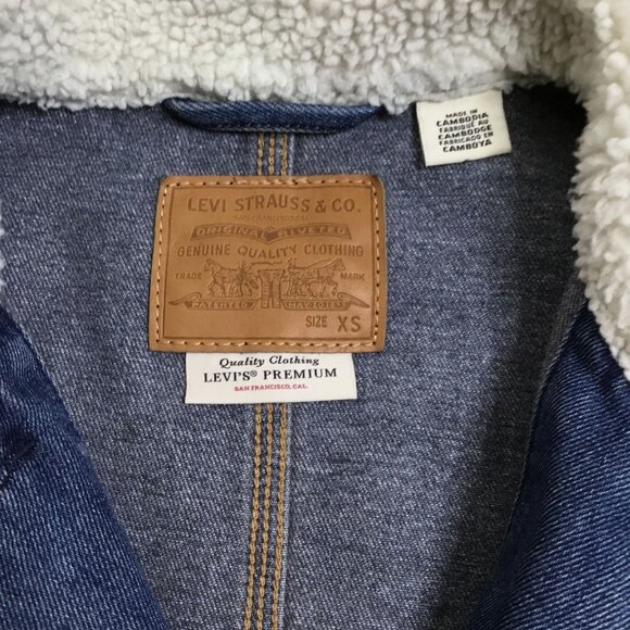 LEVI’S Premium Warm Core Coat Sherpa Denim Jacket XS Blue Workwear Utility Retro - Picture 3 of 7